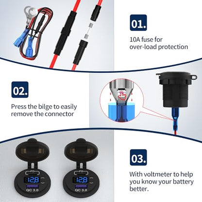 DaierTek 12V USB C Car Charger Socket 3-Pack - 48W PD & QC 3.0 Fast Charging Dual USB Outlet with Voltmeter & ON/Off Switch, Waterproof 12V Charging Port for Car, Marine, Boat, Golf Cart