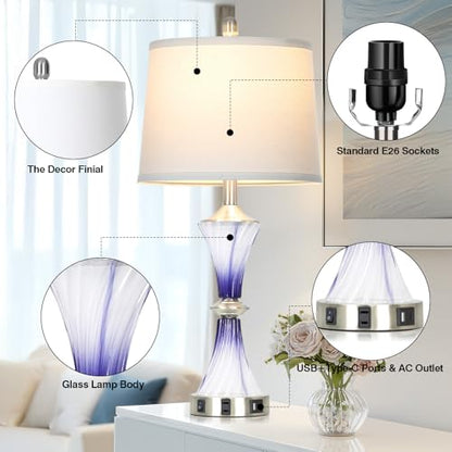 Rinweey Purple Glass Table Lamp Set of 2 with USB C+A Ports & AC Outlet, Bedside Lamp, Modern Bedroom Lamps, Crystal Lamp for Night Stands Bedroom Living Room,Nightstand Lamp LED Bulbs Included - color: Purple