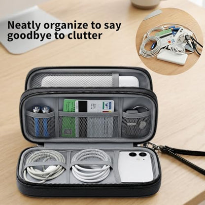 Leather Electronic Organizer Bag, Waterproof Travel Tech Pouch for Cord, Cable, Charger, Phone & Accessories (Black)