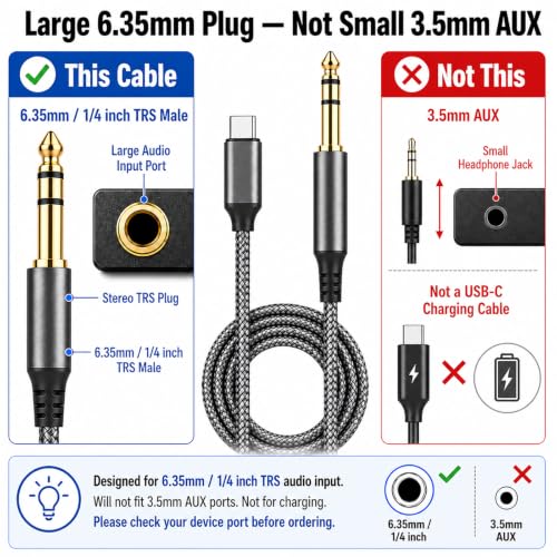 USB C to 1/4 inch TRS Stereo Audio Cable 3.3FT, Built-in DAC Chip Compatible with Android & iPhone 15/16/17, Samsung Galaxy S24, iPad Pro, MacBook for Amplifier, Mixer, Speaker (Audio Output Only)