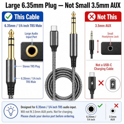USB C to 1/4 inch TRS Stereo Audio Cable 3.3FT, Built-in DAC Chip Compatible with Android & iPhone 15/16/17, Samsung Galaxy S24, iPad Pro, MacBook for Amplifier, Mixer, Speaker (Audio Output Only)
