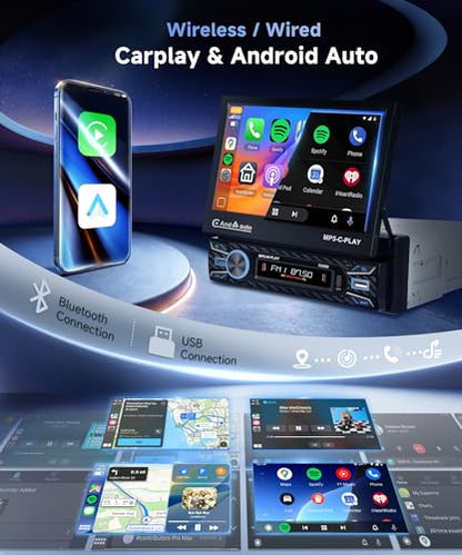 Single Din Car Stereo Touch Screen Flip Out Wireless Carplay Android Auto, 7 Inch Car Radio 1 Din with Bluetooth 5.1 FM Radio Mirror Link EQ/TF/USB/AUX Rear View Camera Steering Wheel Control - style: Electric Retractable Screen with Carplay