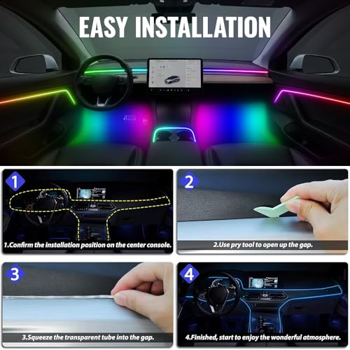 Ambient Lighting Car led Lights Interior, 43.3'' USB Powered Acrylic Neon Flexible Strip Model y Ambient Lighting kit with Remote APP,Dynamic RGB 2 in 1 Music Lights Sync for Inside car Decorations - size: 2 in 1( 43.3inch*2)