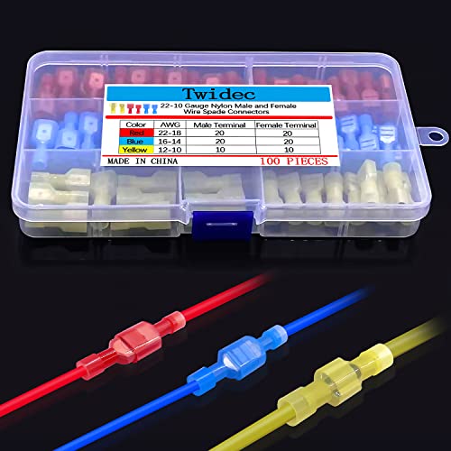 Twidec/100PCS Nylon Spade Connector Kit 22-10AWG Male Female Wire Connector - color: 100PCS