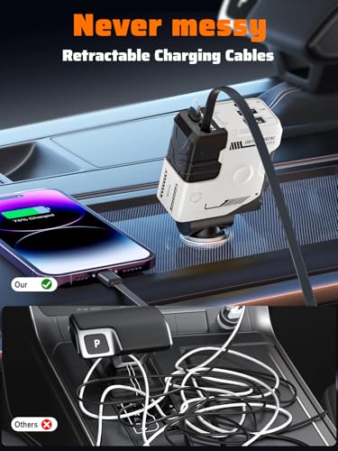 Retractable Car Charger with Retractable Cables (31.5 inch), 4 in 1 Super Fast Car Phone Charger, 2 USB Ports Car Charger Adapter, Compatible with iPhone 15 14 13 12 11 Pro Max, iPad, Pixel - color: White