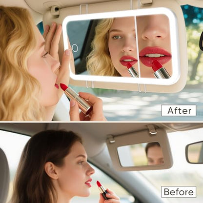 Rechargeable LED Car Sun Visor Vanity Mirror with Straps,3 Light Modes & 5X HD Magnifying Makeup Mirror for Women & Girls, Universal Auto Interior Accessory Fits Car Truck SUV（White）