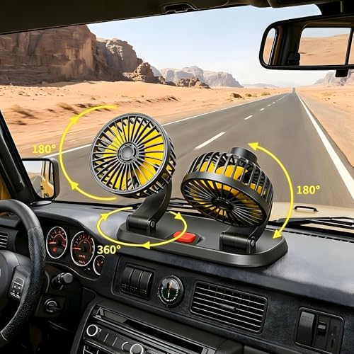 12V Dual Head Car Cooling Fan, Brushless Motor, 2 Speed, 360° Rotation, Dashboard Mount, Cigarette Lighter Powered, for Cars, SUVs, Trucks, RVs & Vans - color: 12V