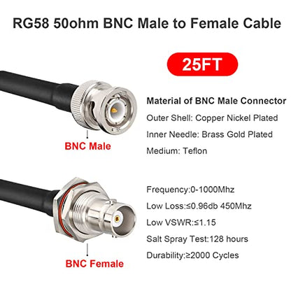 MOOKEERF BNC Cable - 50 ohm RG58 25FT BNC Male to Female Coax Cable Bulkhead Low Loss Antenna Extension for CB Radio/VHF Ham Radio/Wireless Microphone/Antenna/CCTV/Amateur Radio - size: 25FT