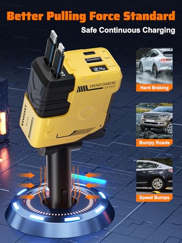 Retractable Car Charger with Retractable Cables (31.5 inch), 4 in 1 Super Fast Car Phone Charger, 2 USB Ports Car Charger Adapter, Compatible with iPhone 15 14 13 12 11 Pro Max, iPad, Pixel - color: Yellow