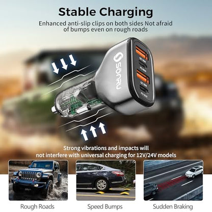 SONRU 4-Port USB C Car Charger, 120W 2*【PD60W+QC30W】 Cigarette Lighter USB Car Charger Adapter, Fast Car Phone Charger for iPhone 17/17 Pro Max/16/15/14 Series, Galaxy S24/23,iPad, Galaxy, Tablet