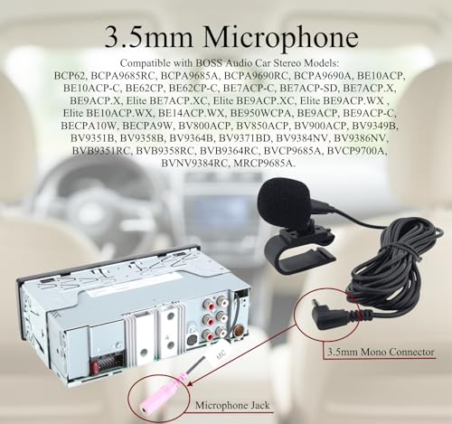 3.5mm Microphone Compatible Replacement for BOSS Car Stereo Receiver - Clip-On Dash Mic for Bluetooth Voice Control and Clear Call Audio with 9FT Cable BCP62 BCPA9690RC BE10ACP BE9ACP.X Elite BECPA10W