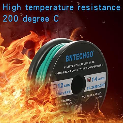 BNTECHGO 14 Gauge Silicone Wire Spool 50 ft Green Flexible 14 AWG Stranded Tinned Copper Wire - color: Green, size: silicone wire 50ft