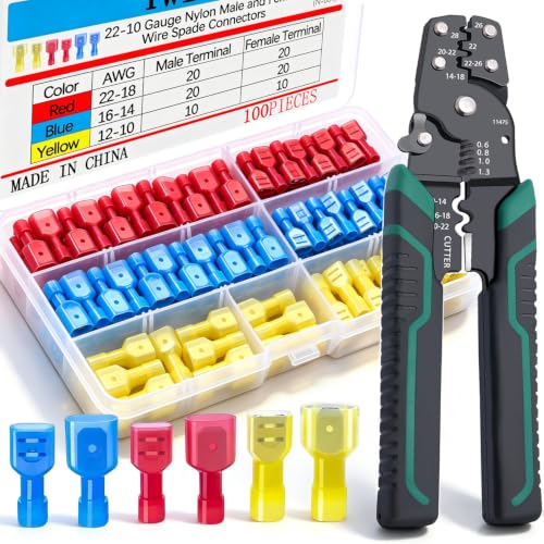 Twidec/100PCS Nylon Spade Connectors Kit 22-10 Gauge Quick Disconnect Fully Insulated Male and Female Wire Spade Terminal Assortment Kit and Wire Crimper Tool with Stripper Cutter - color: 100PCS+3-in-1 Crimper Tool