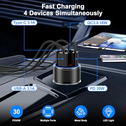Car Charger for iPhone 17 16 15 Pro Max, Besgoods 4-Port Cigarette Lighter Adapter USB C & USB A Car Phone Charger Fast Charging Voltmeter for Galaxy S25 S24 S23 A15 A54 Android, 6ft USB C to C Cable - color: black charger+black cable