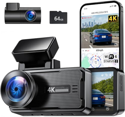 JOMISE 4K Dash Cam Front and Rear, 360° Interior Rear Camera for Cabin, Side & Rear - Dash Camera for Cars with 64GB Card, Low-Light Sensor, Wi-Fi 6 GPS, Touch Screen, HDR WDR, Support 1TB, A80T