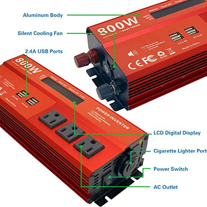 800W Peak 1600W Power inverters for Vehicles,Peak 1600 watt, Car 12V DC to 110V AC Converter 4x2.4A USB Ports Car Charger with 1 Cigarette Lighter Ports,LCD Digital Display - size: 800W