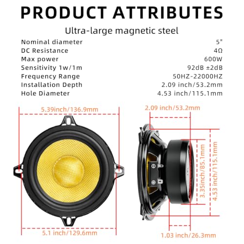 5.25" Speakers 600W Glass Fiber Cone Woofer 5 Inch Speaker Car Audio - color: 5in yellow