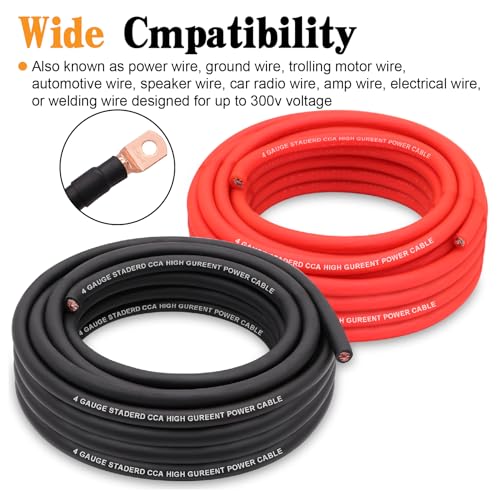 AWG 4 Gauge Wire Kit,Battery Cable,CCA Copper Clad Aluminum 50FT Black/Red with 4ga lugs,10-in Cable Cutter and Heat Shrink Tube for Power/Ground,Car Audio Speaker,Amp Wiring kit - color: W/ Cutter
