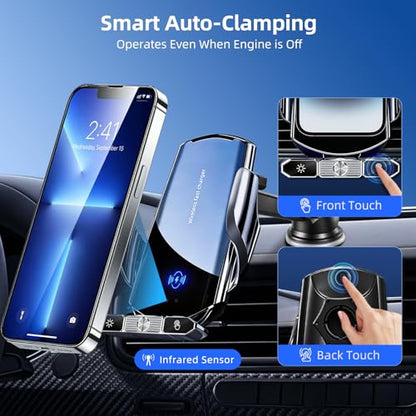 Car Phone Holder,Car Mount Charger,15W Wireless Charging & 10W Magnetic Charging(3 Connectors),Auto-Clamping Hands Free,Suction Cup Mount for Windshield,Mirror & Screen,Car Accessories & Gift - size: Universal | Charging