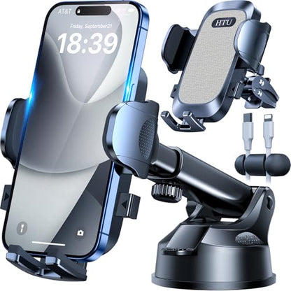 HTU Car Phone Holder【2026 Upgraded 100+LBS Suction & Safety Cert】 Cell Phone Car Mount for Truck Heavy Duty Phone Holder for Dashboard/Windshield/Vent for iPhone 17 16 Pro Max, Grey - color: Grey