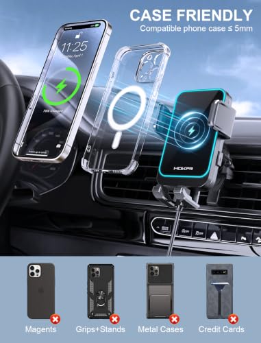 MOKPR Wireless Car Charger, 15W Fast Charging Auto Clamping Air Vent Car Phone Holder with LED Light Car Charger for iPhone 17 16 15/14/13/12 Pro Max Plus, Samsung S23/S22/S21 - style: Air Vent