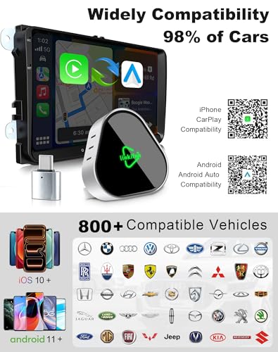 Mini Wireless Carplay Adapter, Compatible with Apple iPhone iOS 10+ Android 11+, Plug & Play, Compact Design for iPhone & Android with USB-A/Type-C Port