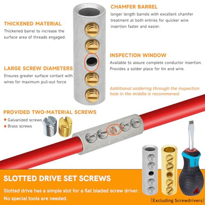 12-10 Gauge Wire Butt Connectors 10 PCS Tinned Brass Mechanical Butt Splice Connectors Kit 12-10 AWG Mechanical Repair Splice Kit Splice Screw Sleeves 10 PCS Mechanical Splices & 3:1 Heat Shrinks - color: Tinned Brass