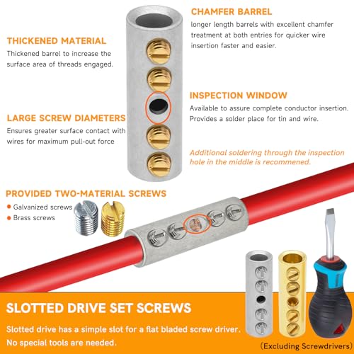 4 Gauge Wire Butt Connectors 6 PCS Tinned Brass Mechanical Butt Splice Connectors Kit 4 AWG Mechanical Repair Splice Kit Splice Screw Sleeves 6 PCS Mechanical Splices with 6 PCS 3:1 Heat Shrink Tubes - color: Tinned Brass