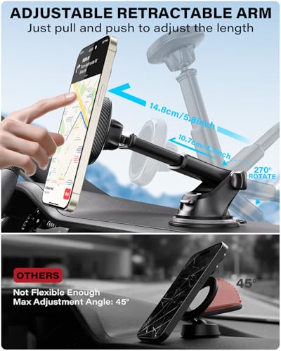 APPS2Car for MagSafe Car Phone Mount for iPhone, Magnetic Windshield Dashboard Holder with Telescopic Arm and Strong Suction Cup, Compatible with iPhone 17/16/15/14/13/12 MagSafe Cases - color: Black