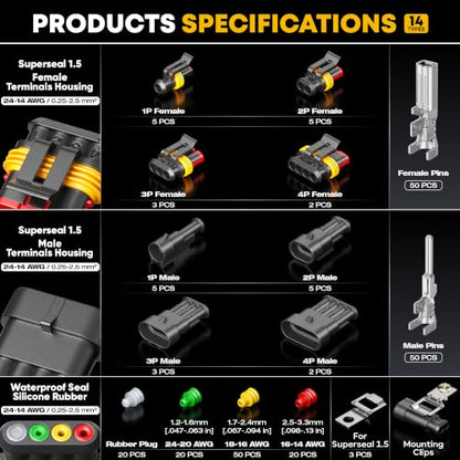Waterproof Automotive Electrical Connectors Crimping Tool Kit, 1/2/3/4 Pin Waterproof Plugs, Ratchet Crimper for 24–14 AWG Wires, Includes Removal Tools for Car, Truck, RV, Boat Wiring Harness