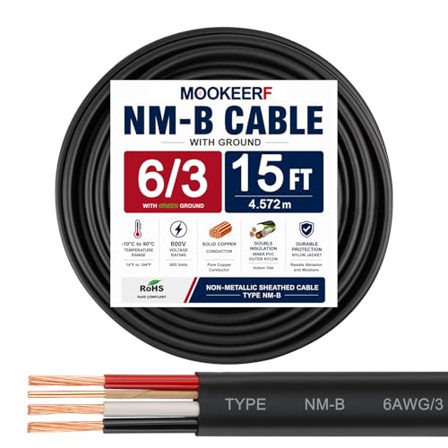 6/3 Wire with Ground - 15FT NM-B 6 Gauge Non-Metallic Sheathed Cable 100% Pure Copper 6 AWG 3 Conductor Residential Indoor Wire for Outlets, Switches, Other Loads and Lighting Wiring Projects etc. - size: 15FT, style: 6AWG/3