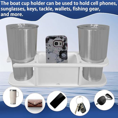 Marine Cup Holder with Storage - Reinforced Stainless Steel Core (Anti-Warp) - Heavy Duty Boat Console Organizer Caddy - Fits Mugs, Tumblers & Phones - Drill-Free Adhesive or Screw Mount