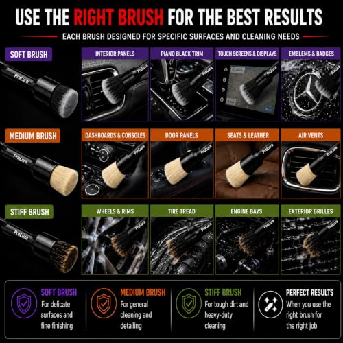 6PCS Car Detailing Brush Set - 2 Boar Hair Brushes, 2 Ultra Soft No-Scratch Brushes & 2 Medium Detail Brushes for Car Interior & Exterior Cleaning