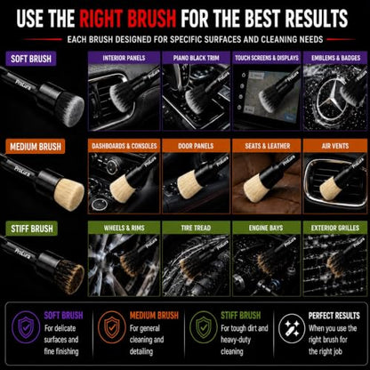 6PCS Car Detailing Brush Set - 2 Boar Hair Brushes, 2 Ultra Soft No-Scratch Brushes & 2 Medium Detail Brushes for Car Interior & Exterior Cleaning