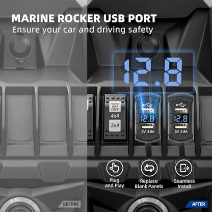 Anina Rocker Switch Style Dual USB Car Charger Port, 12V-24V Waterproof USB Socket with Blue LED Voltmeter, 4.8A USB Outlet Replacement for Marine Toggle Switch Panel on Boat Truck SUV RV UTV
