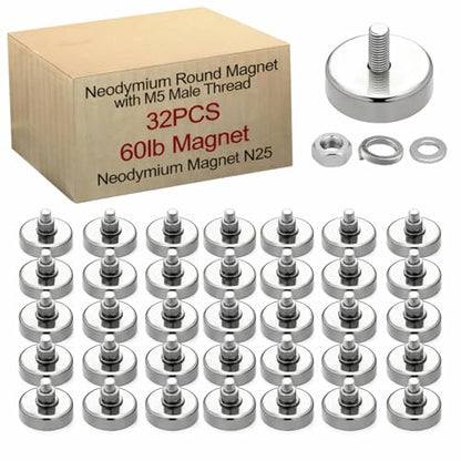 Flutesan 32 Pieces Heavy Duty Round Mounting Magnet with Bolt 60lb Silver with Male Thread Stud Strong Magnet Powerful for Lighting Camera Brackets License Plate Outdoor - size: 0.98in-60lb-m5