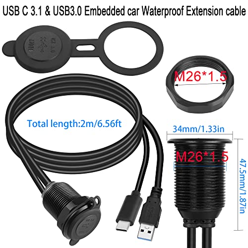 QIANRENON USB C3.1 & USB3.0 Embedded Car Waterproof Cable 10Gbps USB Type C 3.1 & USB3.0 Threaded Mounting Extension Cable, PD65W,Support 4K Video,LED,Al housing,for Dashboard car Boat Moto,2M/6.5ft