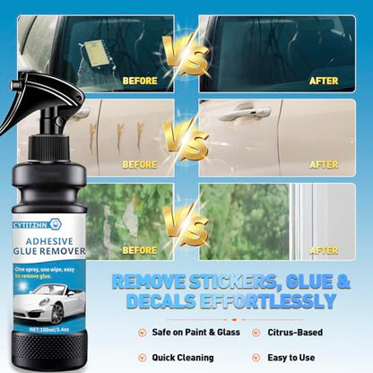 Adhesive Remover, Sticker and Decal Remover Spray, Quickly Removes Glue, Labels and Tape Residue, Safe for Car Paint and Glass, Includes Scraper and Towel, Portable Size-3.4oz/100ml