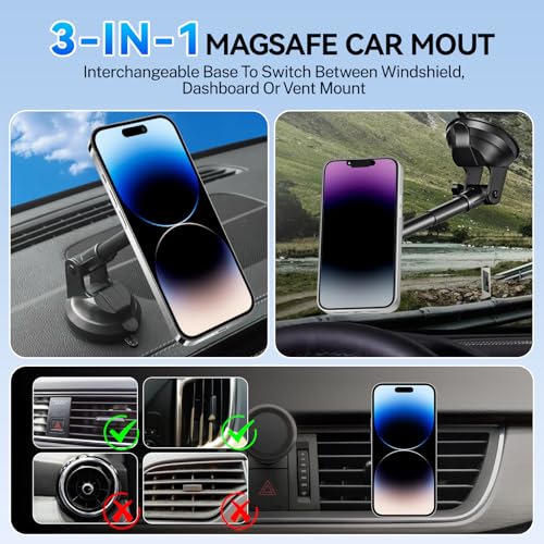 XUKEY Magnetic Car Phone Holder for Dashboard Windshield Vent Car Mount with Adjustable Telescopic Arm for Your Car Accessories Suction Cellphone Stand for iPhone 16 15 14 13 12 Pro Max Samsung