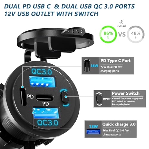 VANONE 12V USB Outlet Socket with On/Off Switch – 4-Port Fast Charging