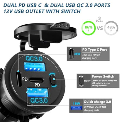 VANONE 12V USB Outlet Socket with On/Off Switch – 4-Port Fast Charging