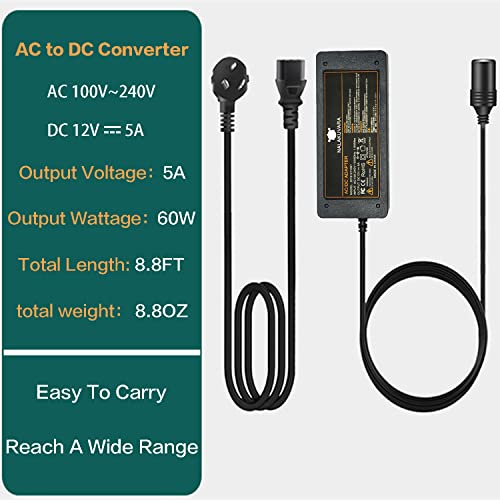 AC to DC Converter 110V to 12V 5A 60W Car Cigarette Lighter Adapter - Wall Plug Outlet Female Socket Converter - 110/120 to 12 Volt AC/DC Adapter Power Supply
