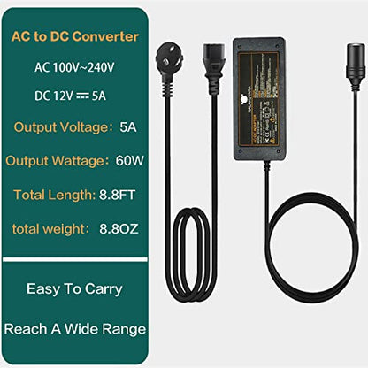 AC to DC Converter 110V to 12V 5A 60W Car Cigarette Lighter Adapter - Wall Plug Outlet Female Socket Converter - 110/120 to 12 Volt AC/DC Adapter Power Supply
