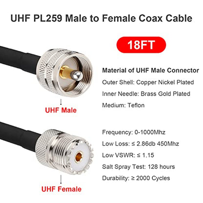 MOOKEERF 18FT RG58 PL-259 UHF Male to Female Low Loss Coax Cable for CB Radio, HAM Radio, Marine VHF, SWR Meter, Surge Protector, Walkie Talkies - size: 18FT