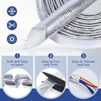 Automotive Aluminum Heat Shield Sleeve Wrap Wire Up to 485 °F, Cable Heat Shield Fire Sleeve Heat Resistance Silver Inner Diameter (1/2"-14ft) - size: 1/2"-14ft