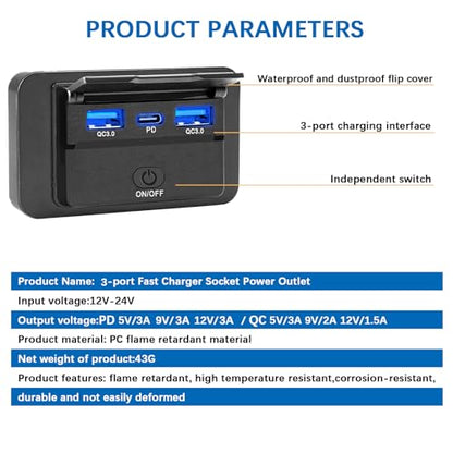 2PCS 72W 12V USB Outlet Wall Mount,36W USB C&Dual QC 3.0 18W Car USB Port Charger Socket Panel with Button Switch,Waterproof 3 USB Multi Port Power Outlet 12V for Car Bus RV Truck Marine