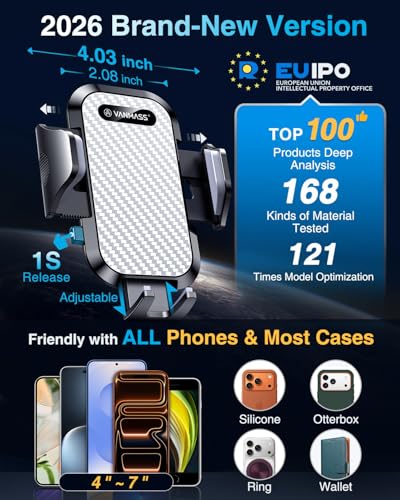 VANMASS Phone Holders for Your Car Ultimate Military-Grade Car Phone Holder Mount【Patent & Safety Certs】Upgraded Shockproof Truck Air Vent Phone Mount for iPhone 17 Pro Max 16 Samsung Android,Silvery - color: Silver