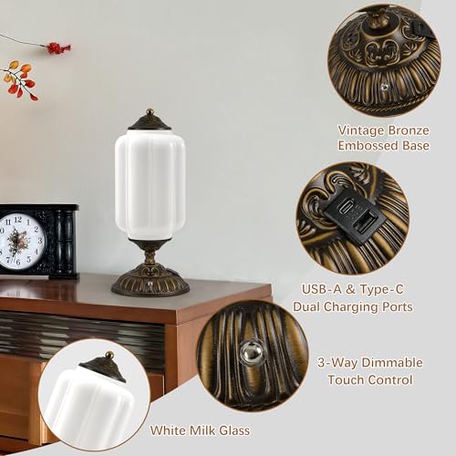 14" Milk Glass Touch Table Lamps Set of 2 with USB C+A Charging Ports - color: White-2Pack
