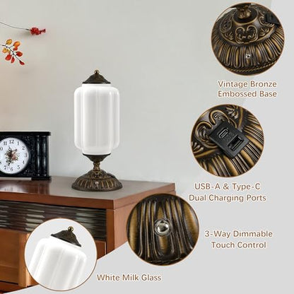 14" Milk Glass Touch Table Lamps Set of 2 with USB C+A Charging Ports - color: White-2Pack