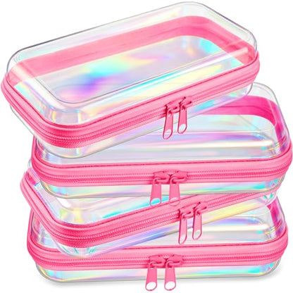 Hoolerry 4 Pcs Hard Clear Zipper Case,Clear,7.5 X 3.9 X 2 In,Pink Laser - color: Pink Laser, size: 7.5 x 3.9 x 2 in